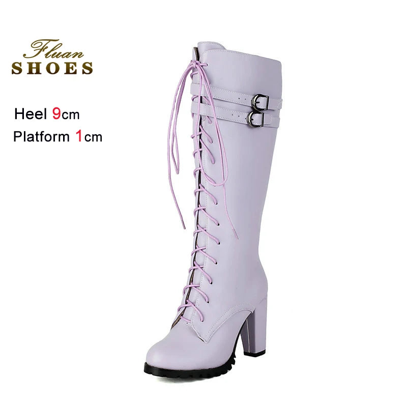 2025 Knight Boots Autumn Winter Women Shoes Tall Boots Round Toe Platform Coarse Heel Knee Length Boots Lace Up Lady Long Boots