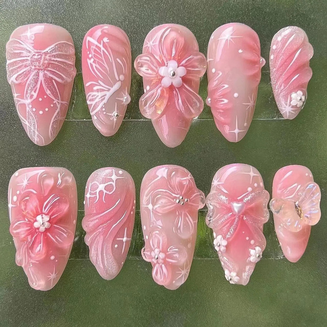 24pcs 3D Pink Flower False Nails Sweet French Almond Fake Nail Patch Full Cover Wearable Hand-painted Butterfly Press on Nails