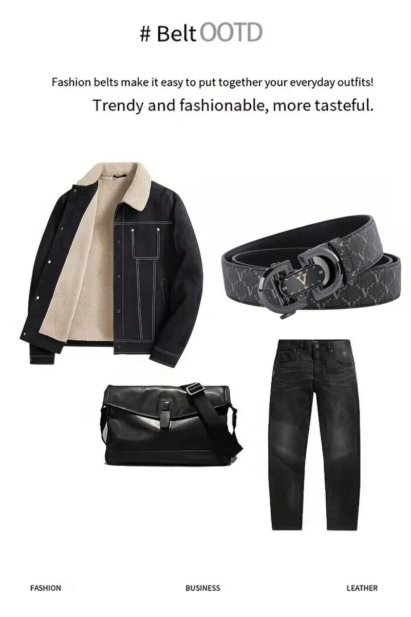 Clock pattern automatic buckle men's belt, fashion letter buckle belt, business casual leather belt, leather suit belt