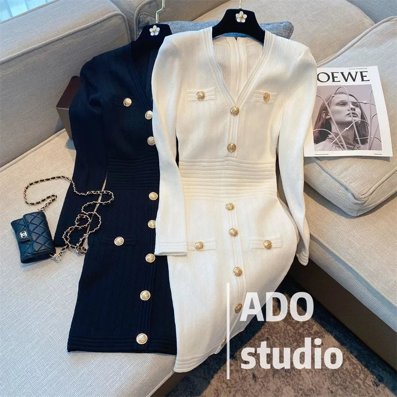 Elegant Long Sleeve Tweed Style Knit Dress Women's Autumn 2023 New V-neck Waist-fitted Slimming Dress Black