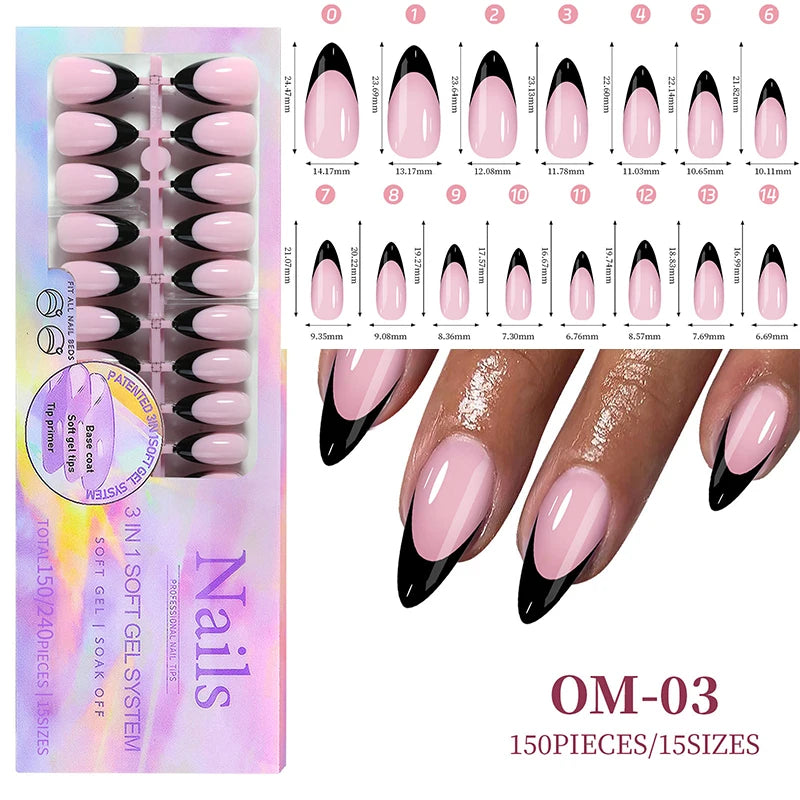 150Pcs/Box Acrylic Press on Nails Full Cover Fake False Tips Soft Gel Extension T-shaped Oval Capsule Almond Sculpted Salon DIY
