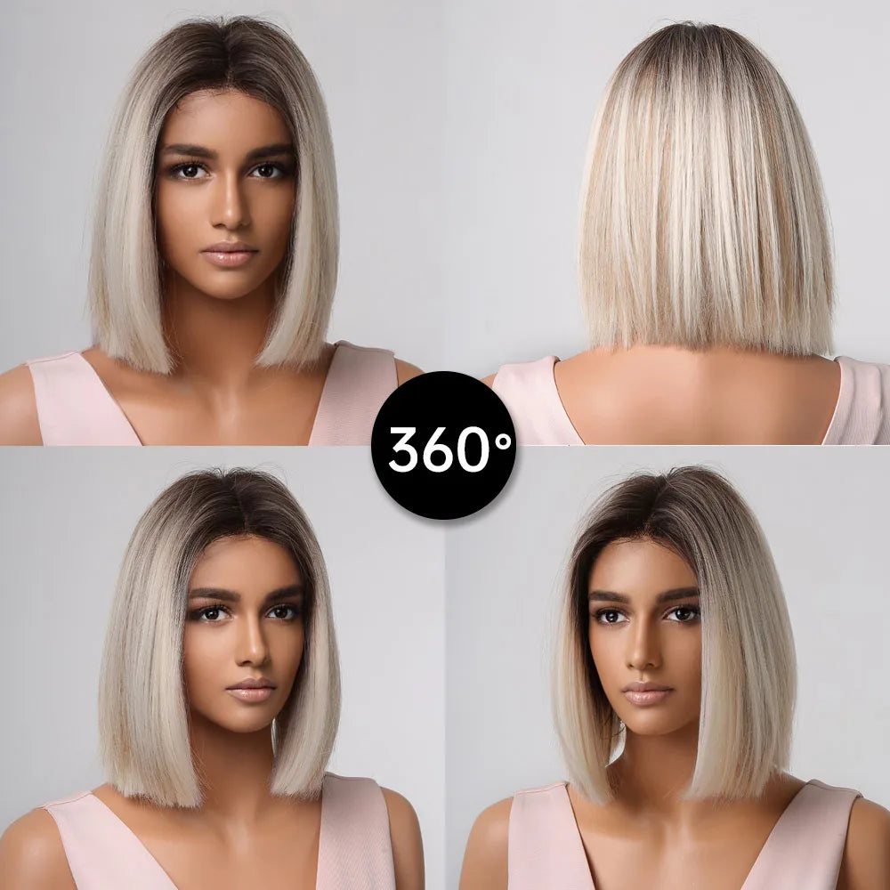 White Blonde Gray Synthetic Wigs with Bangs Short Straight Bob Hair Wig for Women Cosplay Daily Natural Hair Heat Resistant