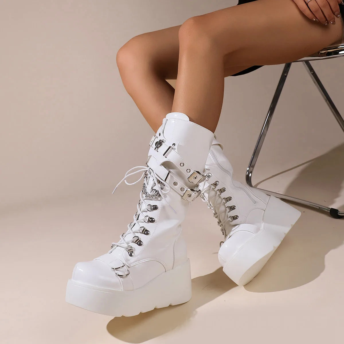 Ladies Platform Boots Fashion Chain Punk Goth Wedges 8cm High Heels Women's Boots Party Street Cosplay Woman Shoes Bota Feminina