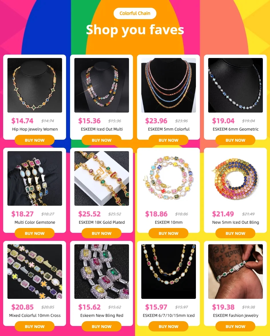 ESKEEM Rainbow Tennis Choker Women Jewelry Iced Out Multi Color Gemstone Necklace Colorful Stone Men Chain