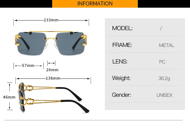 KAMMPT Vintage Rimless Sunglasses Men Women Fashion Oversized Square Shades Eyewear New Double Bridge Gradient UV400 Sun Glasses
