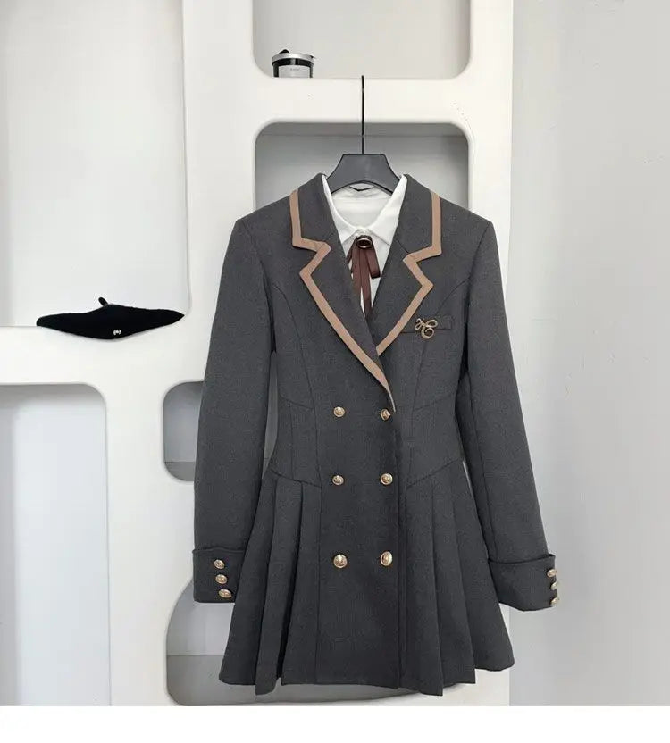 Korean Fashion Woolen Suit Dresses for Women Winter New College Style Sweet Waist up Slim High-end A-line Pleated Mini Dress