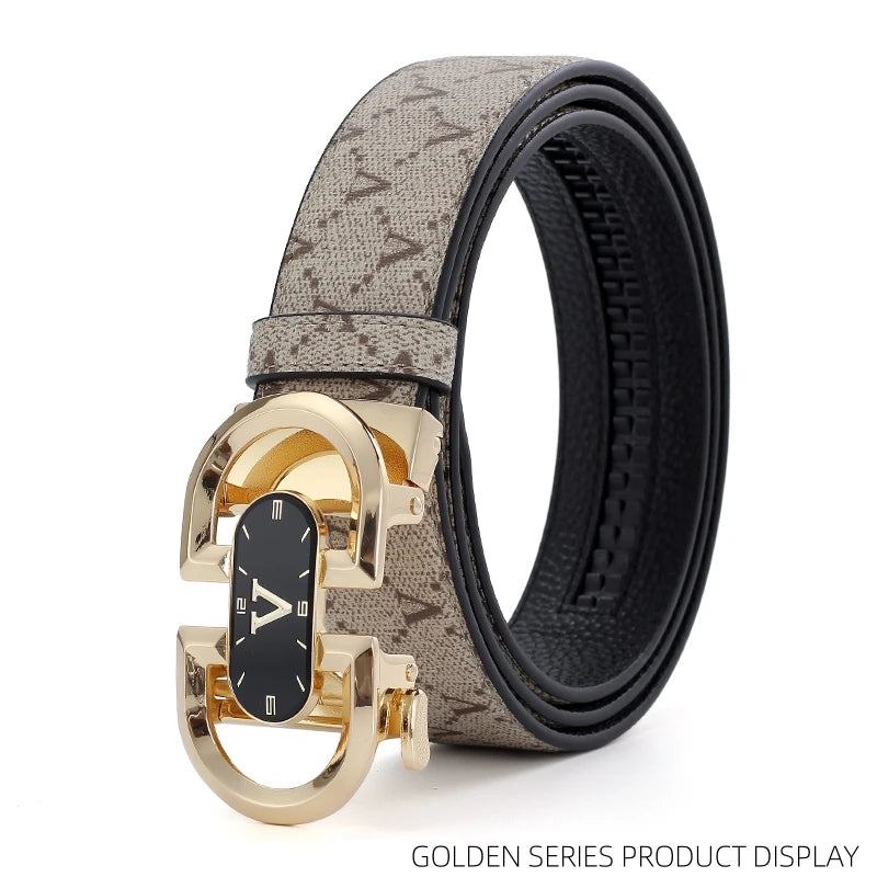Clock pattern automatic buckle men's belt, fashion letter buckle belt, business casual leather belt, leather suit belt