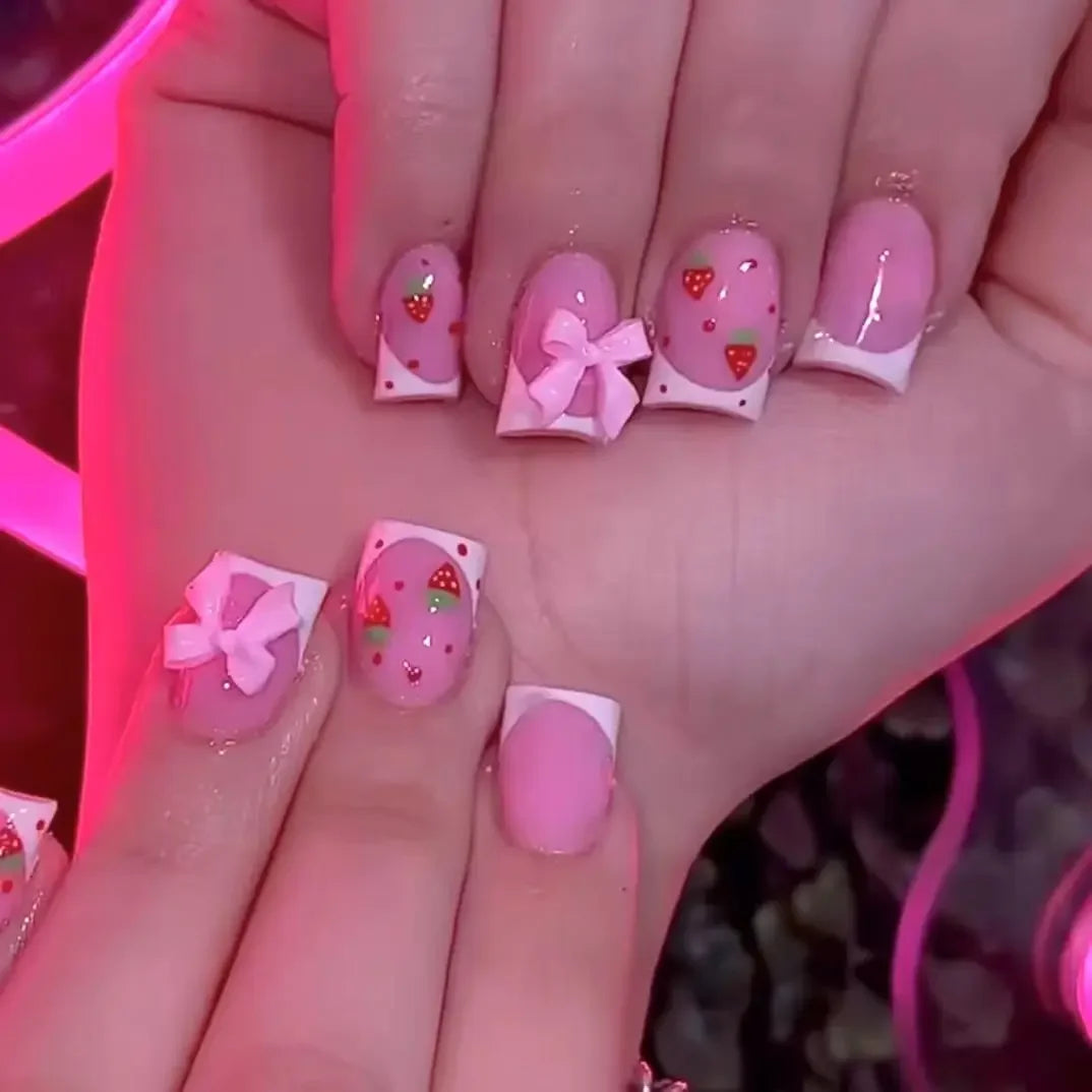 24Pcs/set Bows Press on Nails Short Square Fake Nail White French Tip False Nails with Pink Bow Charms Stick on Nails for Women