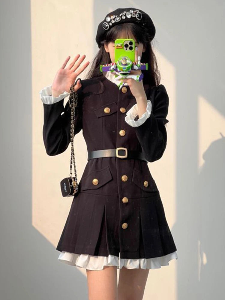 French Fashion Mini Dress Women Small Fragrance Long Sleeve Button Patchwork Suit Dresses Sweet Belt Slim O Neck Chic Vestidos