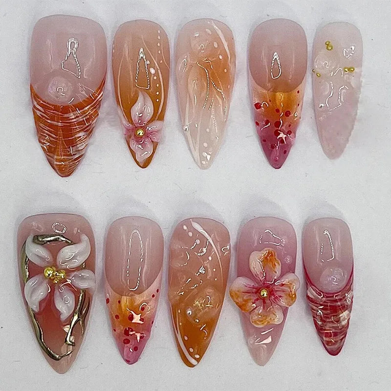 24pcs 3D Pink Flower False Nails Sweet French Almond Fake Nail Patch Full Cover Wearable Hand-painted Butterfly Press on Nails