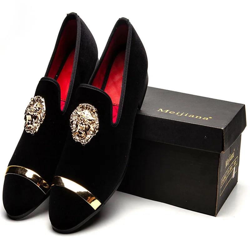 Men Dress Shoes Wedding Party Shoes Loafers Fashion Tiger Gold Metal Men Flats Factory  Big Size 38-47