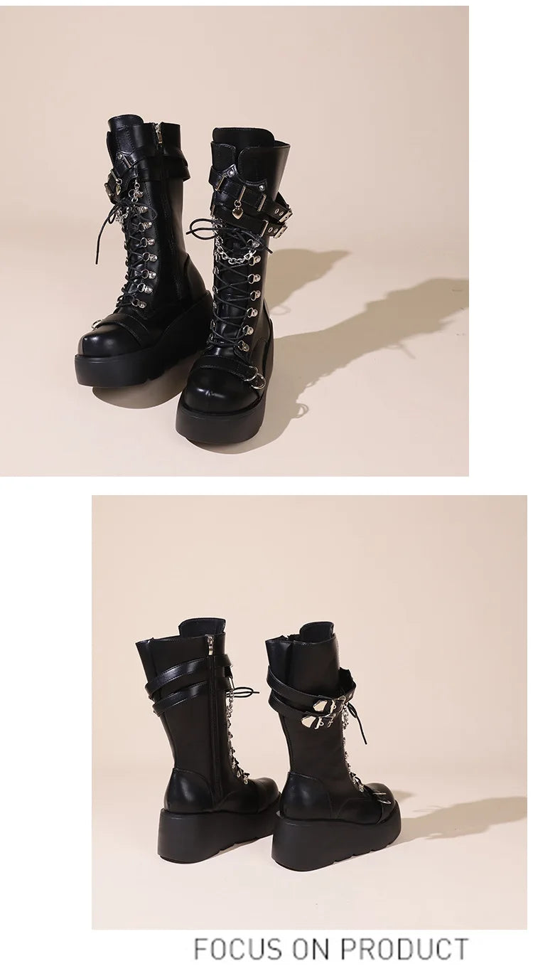 Ladies Platform Boots Fashion Chain Punk Goth Wedges 8cm High Heels Women's Boots Party Street Cosplay Woman Shoes Bota Feminina