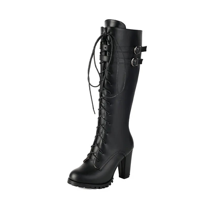 2025 Knight Boots Autumn Winter Women Shoes Tall Boots Round Toe Platform Coarse Heel Knee Length Boots Lace Up Lady Long Boots