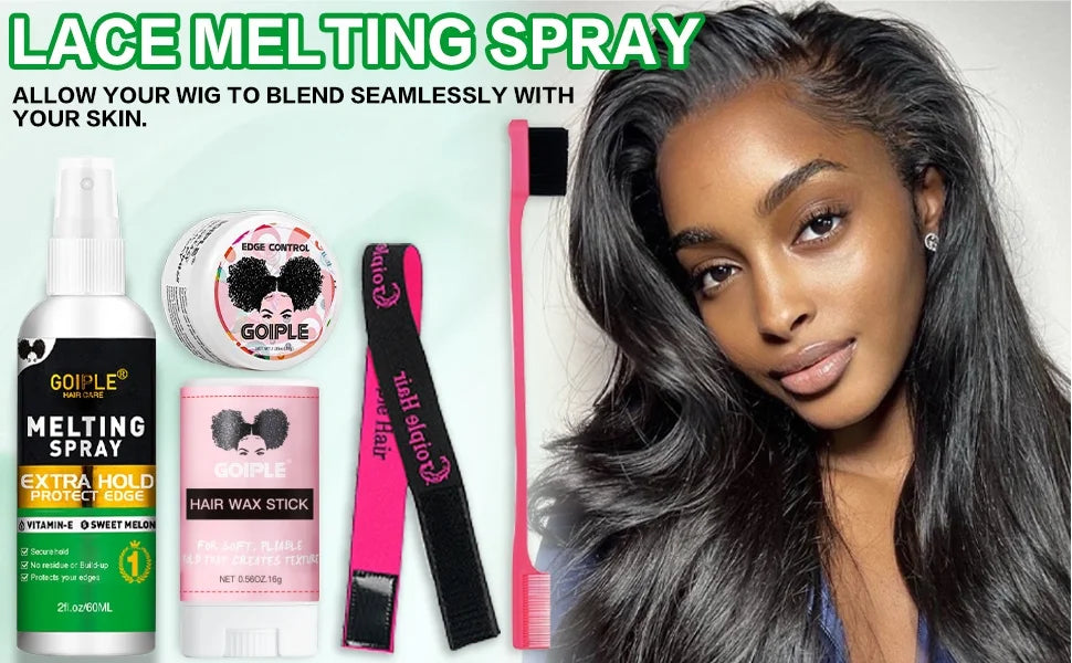 Wig Styling Installation Kit for Women Fast Dry Melting Spray Smooth Wigs Wax Stick Long-Lasting Control Edge Gel and Tools 5pcs