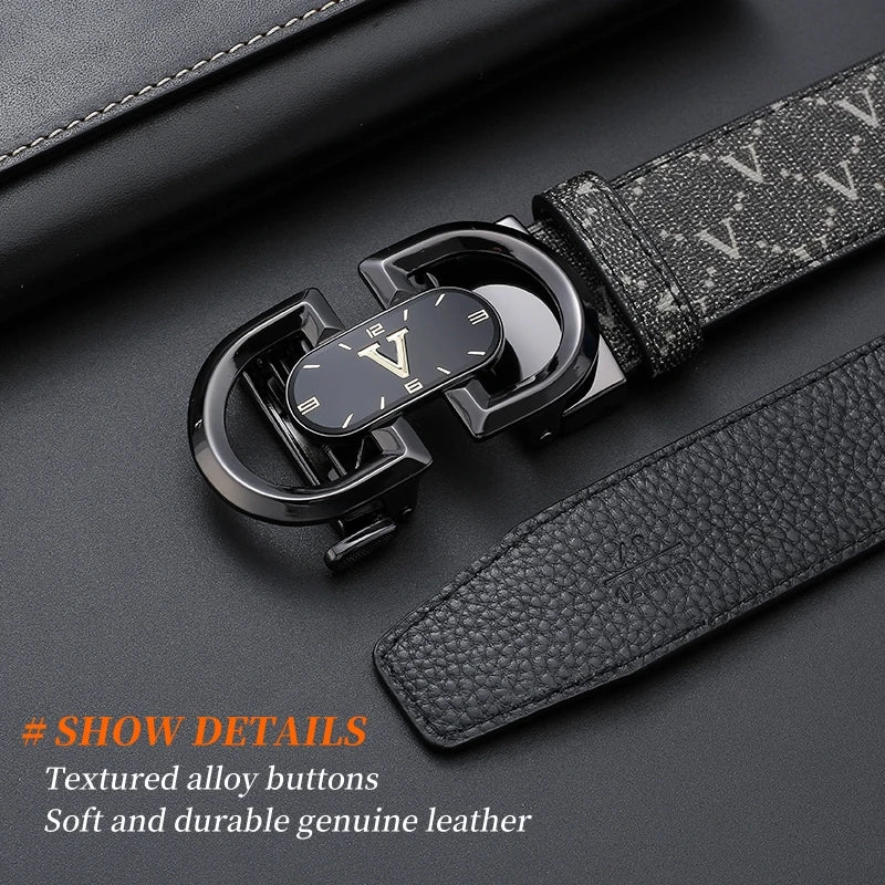 Clock pattern automatic buckle men's belt, fashion letter buckle belt, business casual leather belt, leather suit belt