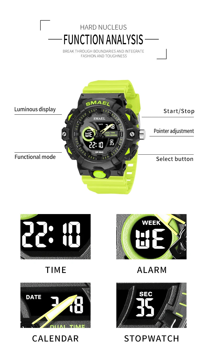 SMAEL Multifunctional LED Light Digital Sport Watch Mens Casual Student Stopwatch Clendar Clock Quartz Analog Wristwatches 8081