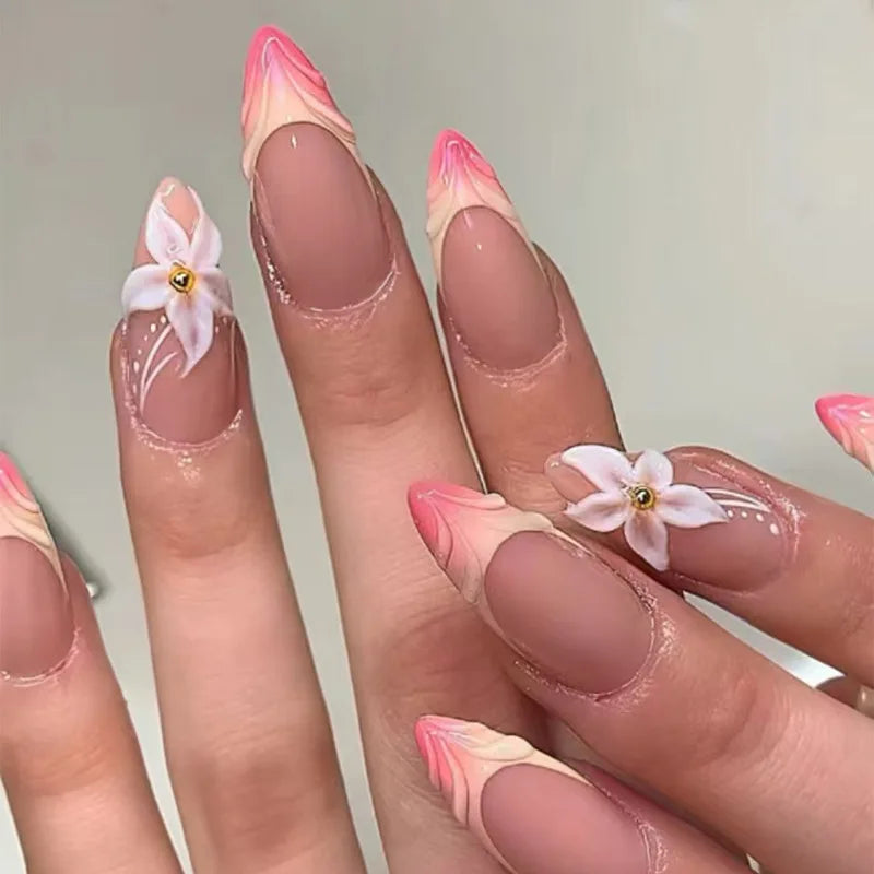 24pcs 3D Pink Flower False Nails Sweet French Almond Fake Nail Patch Full Cover Wearable Hand-painted Butterfly Press on Nails