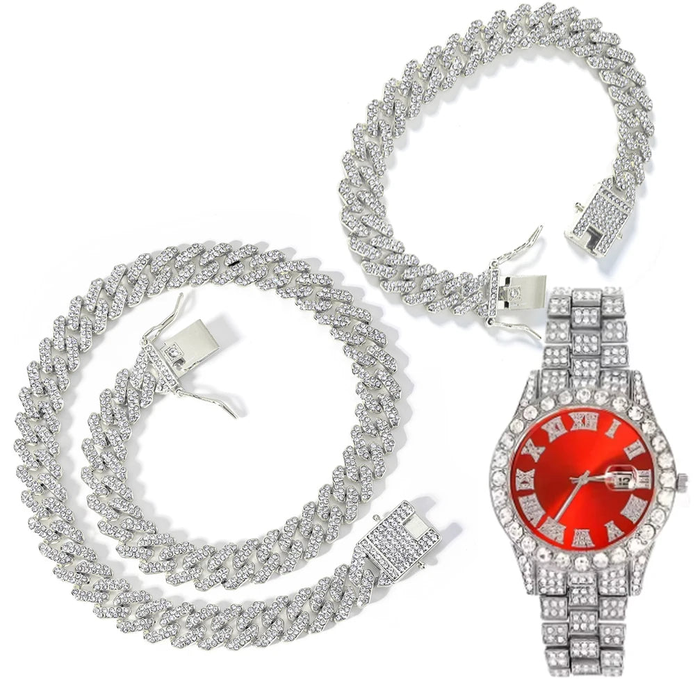 Silver Color Cuban Chain Watch Suit for Men Hip Hop Miami Curb Iced Out Paved Rhinestones Bling Rapper Necklace Watch+Bracelet