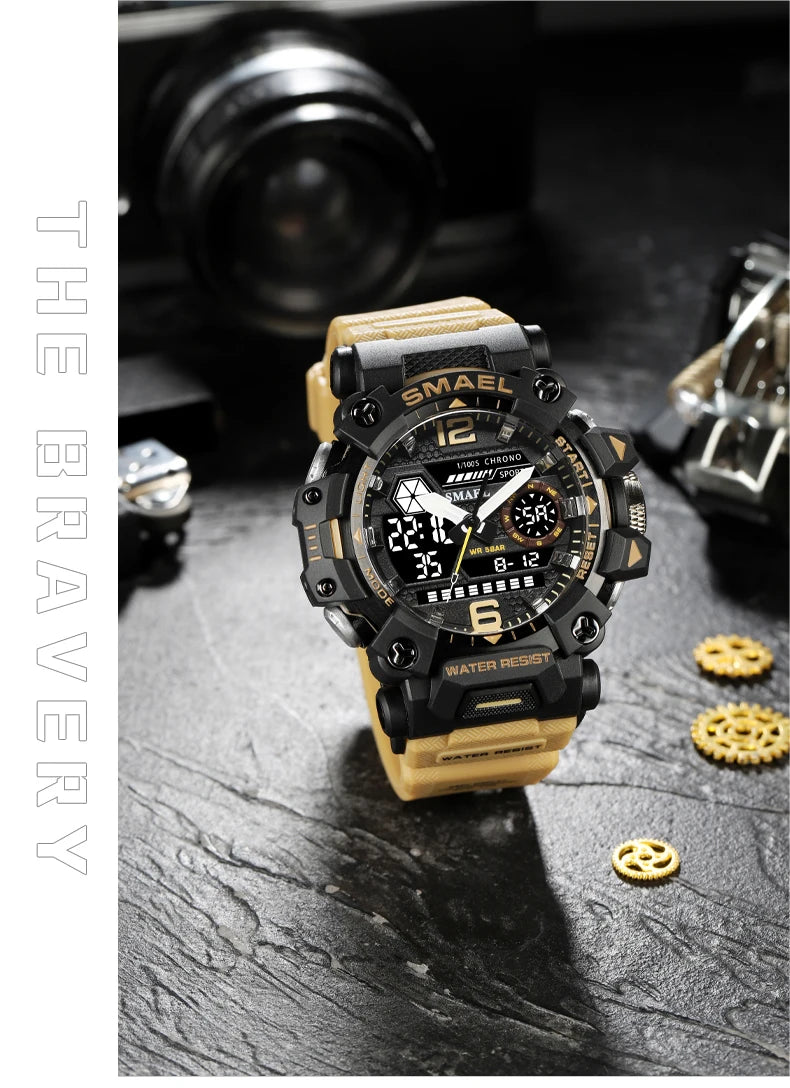 SMAEL Men Watches  50m Waterproof Sports Watch Military Man Sports Watch Digital 8072 Dual Display Watch  Quartz  Led Digital