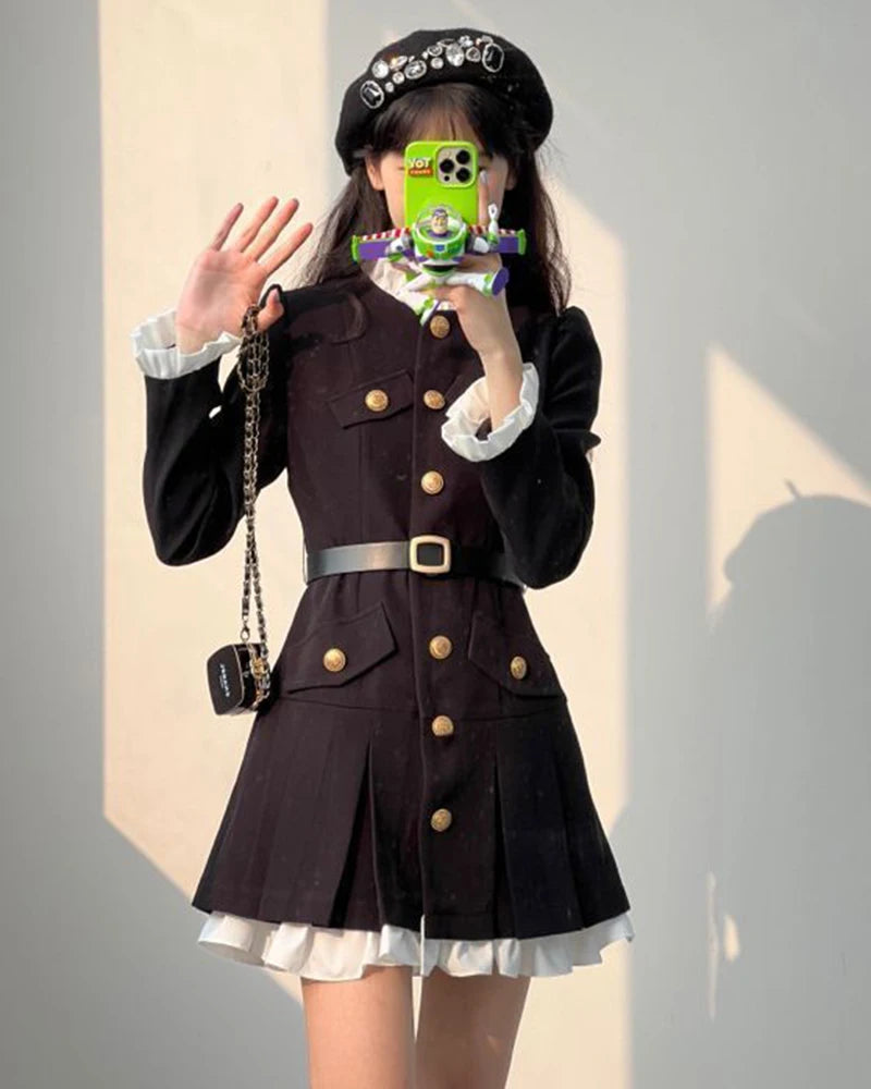 French Fashion Mini Dress Women Small Fragrance Long Sleeve Button Patchwork Suit Dresses Sweet Belt Slim O Neck Chic Vestidos