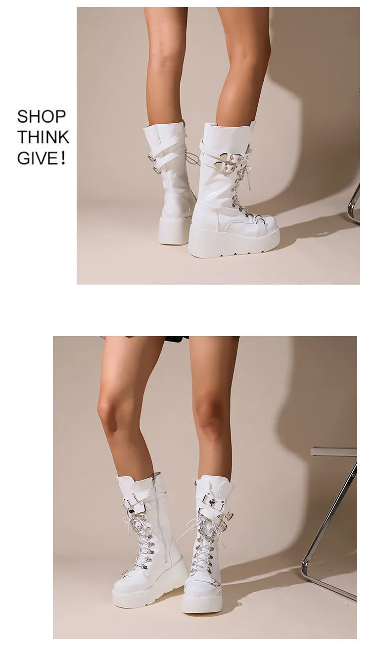 Ladies Platform Boots Fashion Chain Punk Goth Wedges 8cm High Heels Women's Boots Party Street Cosplay Woman Shoes Bota Feminina