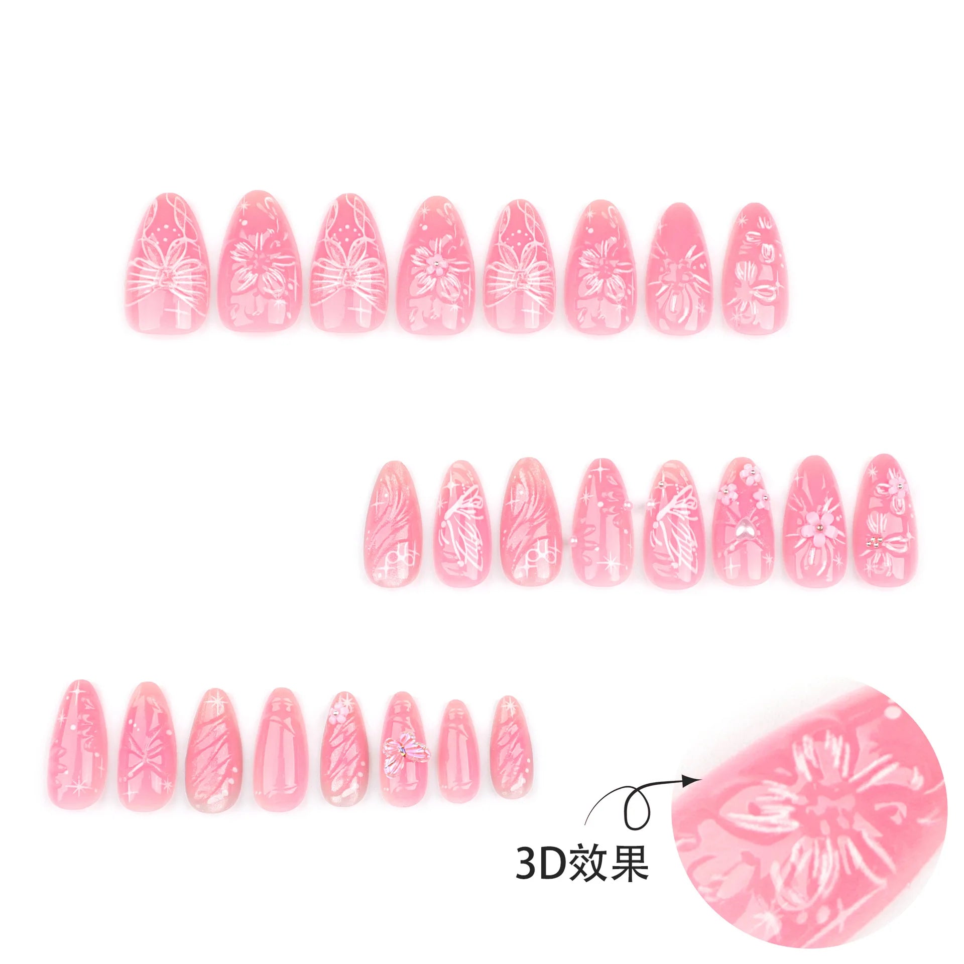 24pcs 3D Pink Flower False Nails Sweet French Almond Fake Nail Patch Full Cover Wearable Hand-painted Butterfly Press on Nails