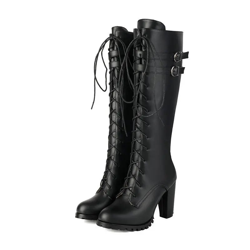 2025 Knight Boots Autumn Winter Women Shoes Tall Boots Round Toe Platform Coarse Heel Knee Length Boots Lace Up Lady Long Boots