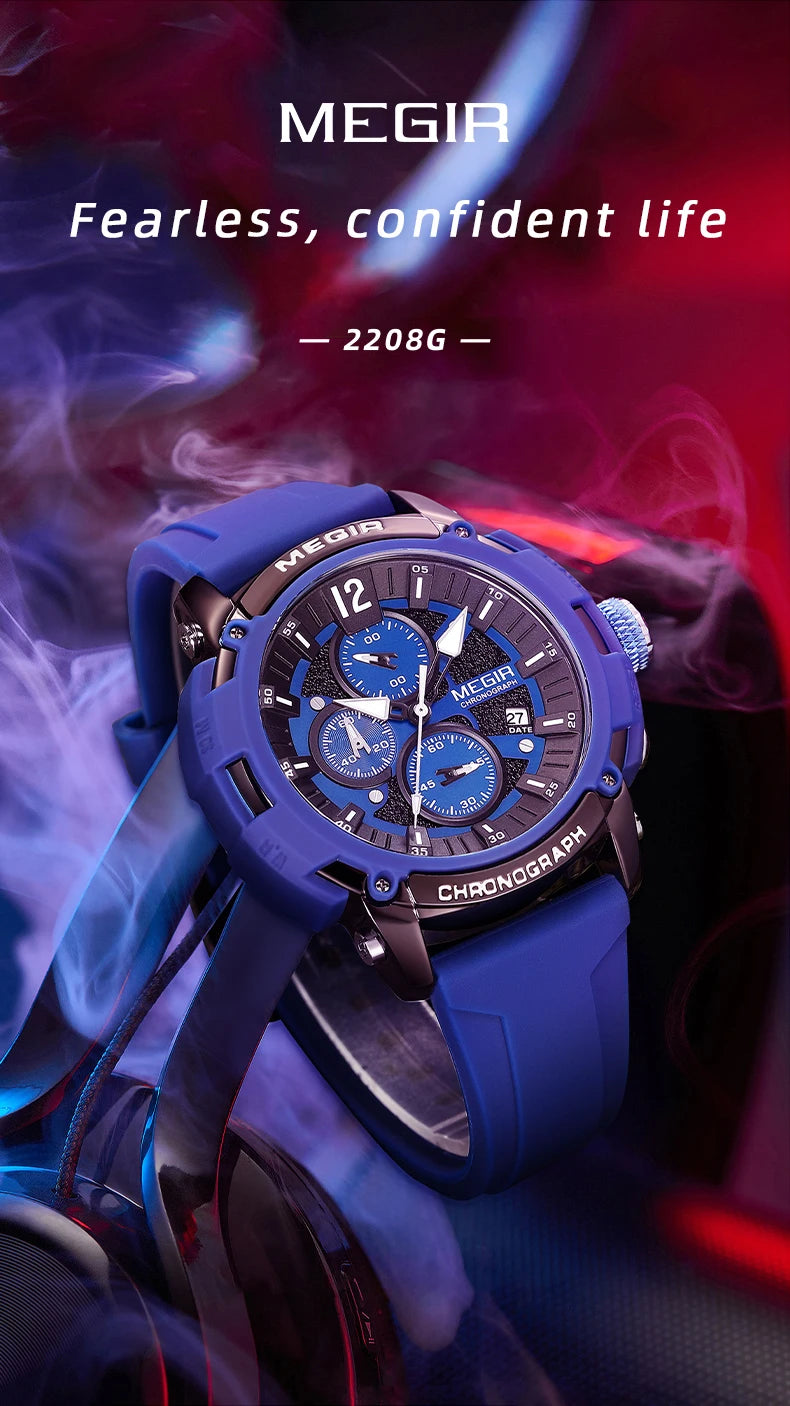 Megir Men's Chronograph Analog Quartz Watch for Men with Date Luminous Hands Orange Silicone Strap Waterproof Wristswatch Male