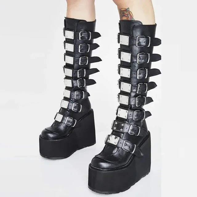 Women Boots Cosplay Ladies High Heel Platform Wedges Women High Boots  Buckle Strap Long Tube Leather Female Boots