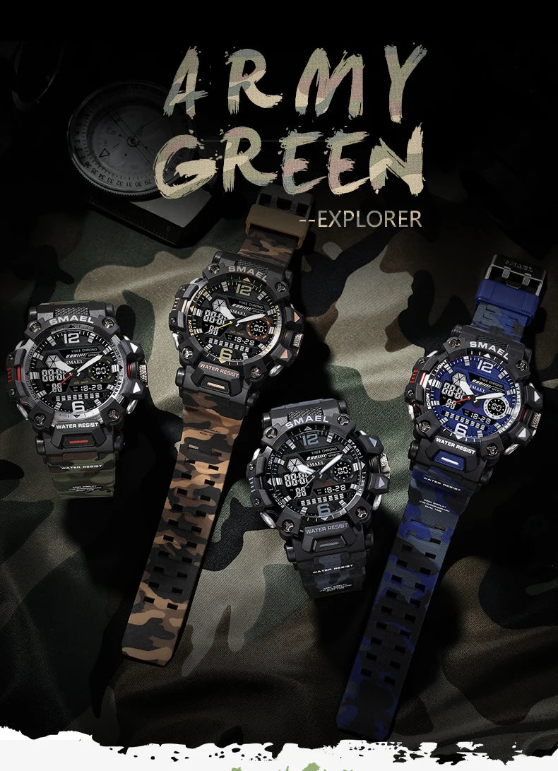 SMAEL New Watches 50m Waterproof Sports Watch Digital 8072 Army Watch Digital Quartz Dual Time Wristwatches LED for Men