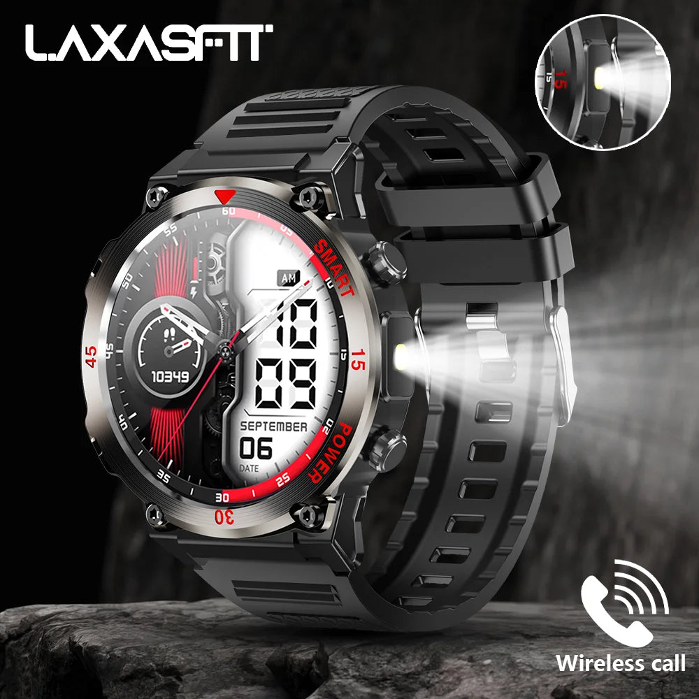 LAXASFIT 2025 New Rugged Military Smart Watch Men's Heart Rate Flashlight Outdoor Sports Tracker Bluetooth Talk Smart Watch
