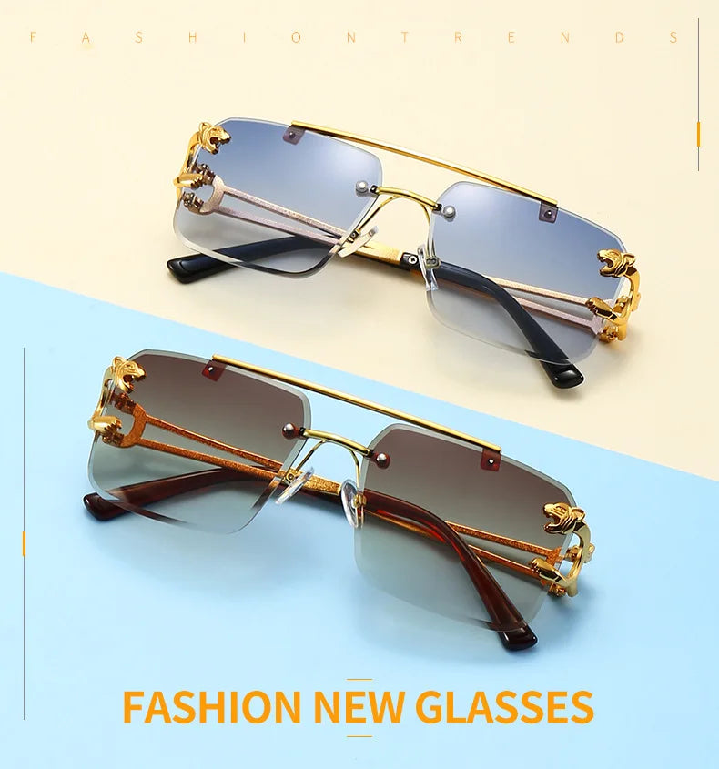 KAMMPT Vintage Rimless Sunglasses Men Women Fashion Oversized Square Shades Eyewear New Double Bridge Gradient UV400 Sun Glasses