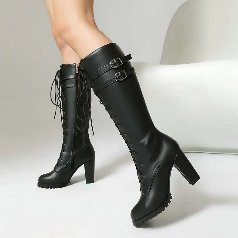 2025 Knight Boots Autumn Winter Women Shoes Tall Boots Round Toe Platform Coarse Heel Knee Length Boots Lace Up Lady Long Boots