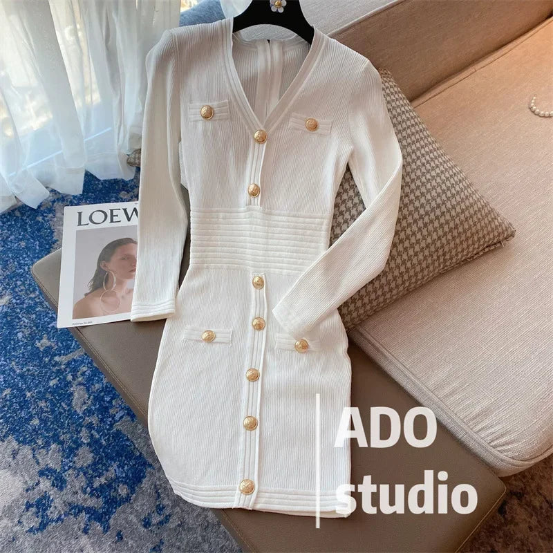 Elegant Long Sleeve Tweed Style Knit Dress Women's Autumn 2023 New V-neck Waist-fitted Slimming Dress Black
