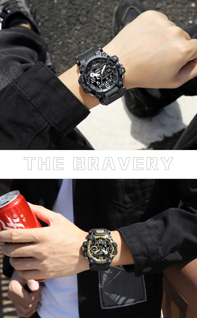 SMAEL Men Watches  50m Waterproof Sports Watch Military Man Sports Watch Digital 8072 Dual Display Watch  Quartz  Led Digital