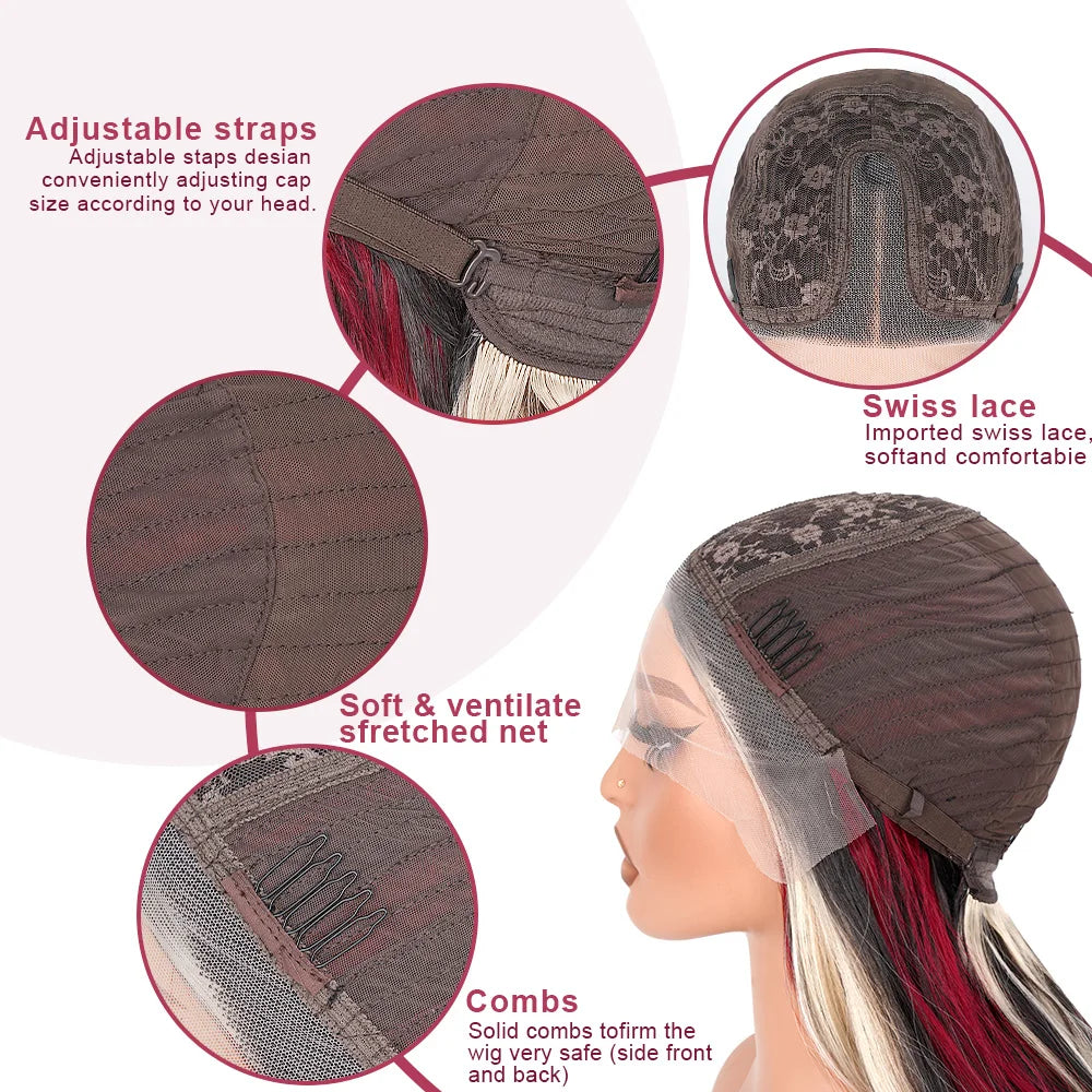 13X6 Lace Front Wig Highlight Black with Red Blonde Wig Synthetic 13x4 Lace Front Wigs Pre Plucked With Hairline Women's Wig