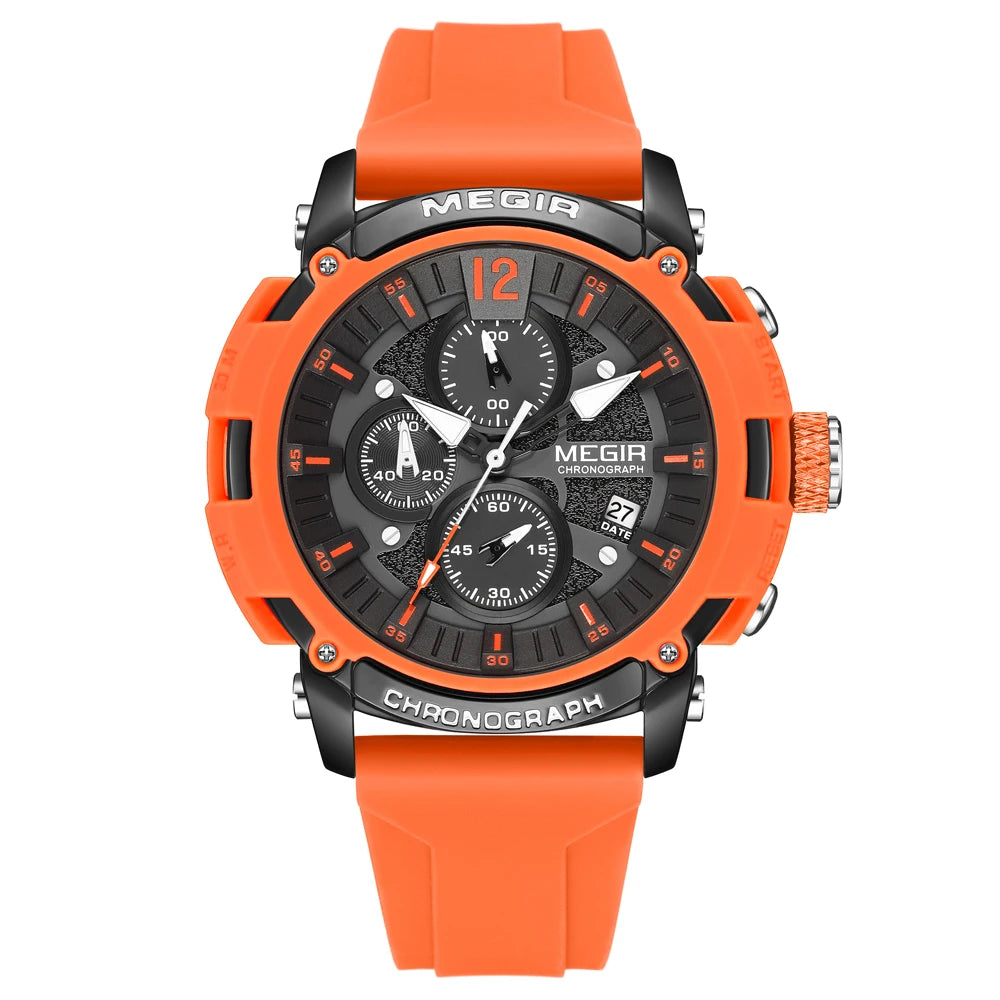 Megir Men's Chronograph Analog Quartz Watch for Men with Date Luminous Hands Orange Silicone Strap Waterproof Wristswatch Male