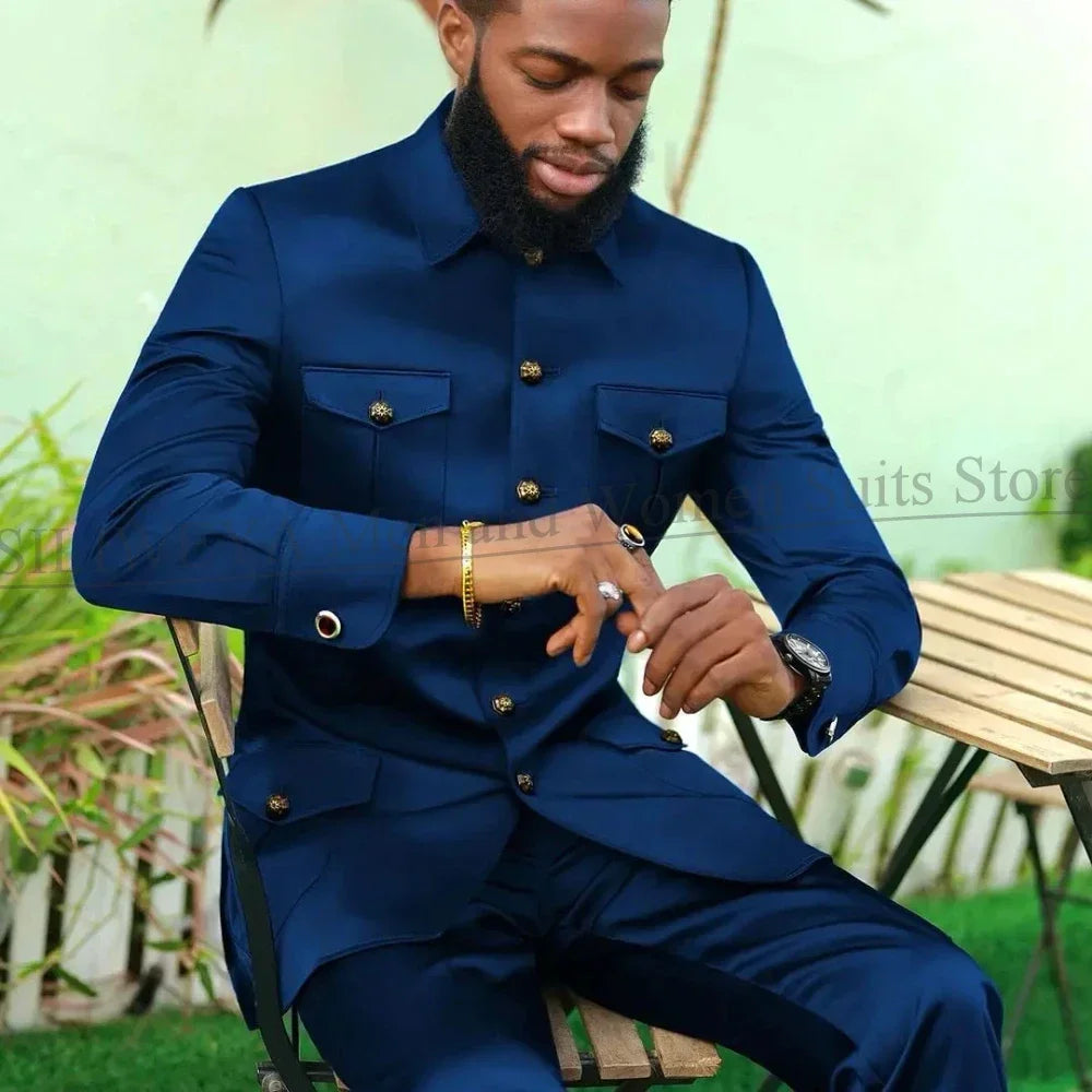 Suits for Men 2 Piece Fashion Stand Collar Single Breasted Suit Solid Color Wedding Tuxedo Business Casual Suit (Jacket+Pants)