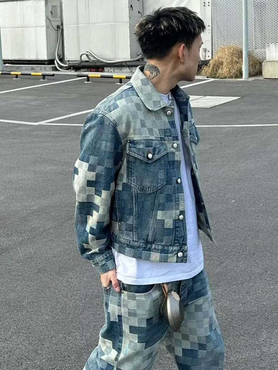 Vintage Loose Denim Jacket Trendy Men's Loose-Fit Jacket Men Streetwear Harajuku Style Plaid Coat Hip Hop Gothic Clothes