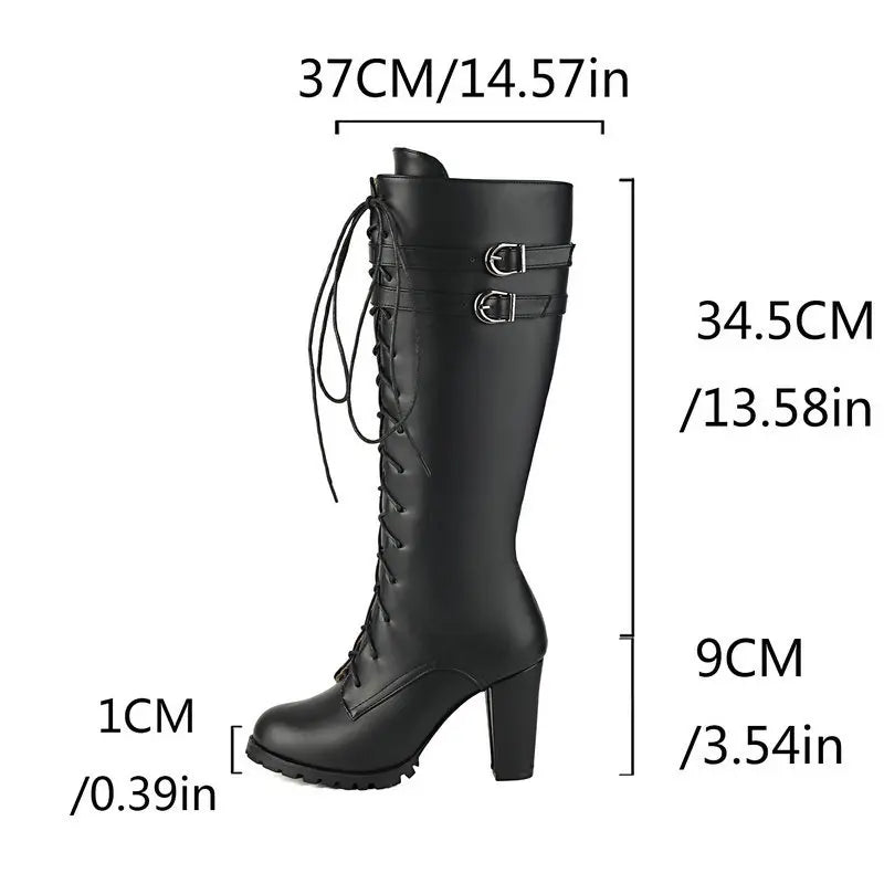2025 Knight Boots Autumn Winter Women Shoes Tall Boots Round Toe Platform Coarse Heel Knee Length Boots Lace Up Lady Long Boots