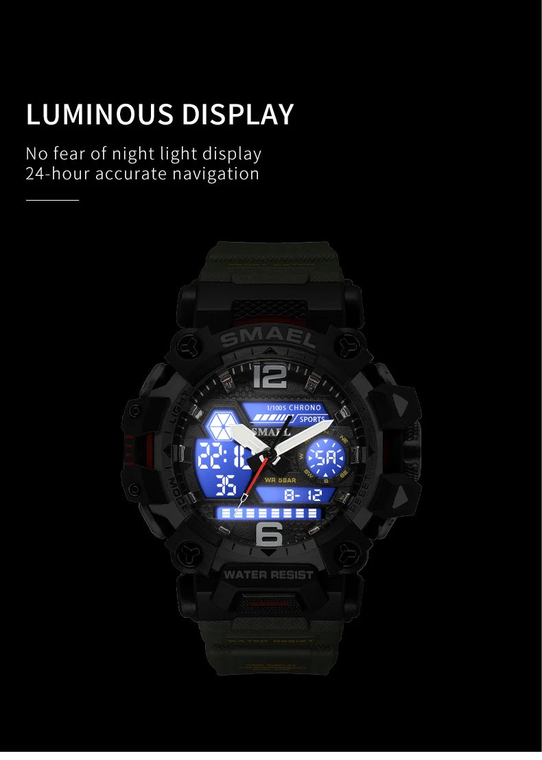 SMAEL Men Watches  50m Waterproof Sports Watch Military Man Sports Watch Digital 8072 Dual Display Watch  Quartz  Led Digital