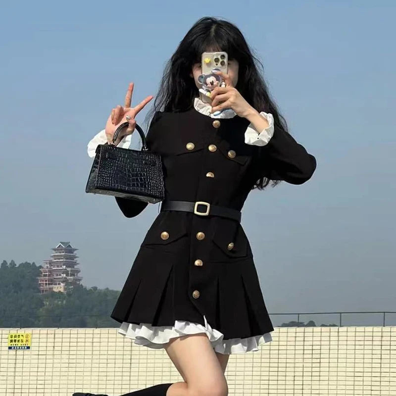French Fashion Mini Dress Women Small Fragrance Long Sleeve Button Patchwork Suit Dresses Sweet Belt Slim O Neck Chic Vestidos
