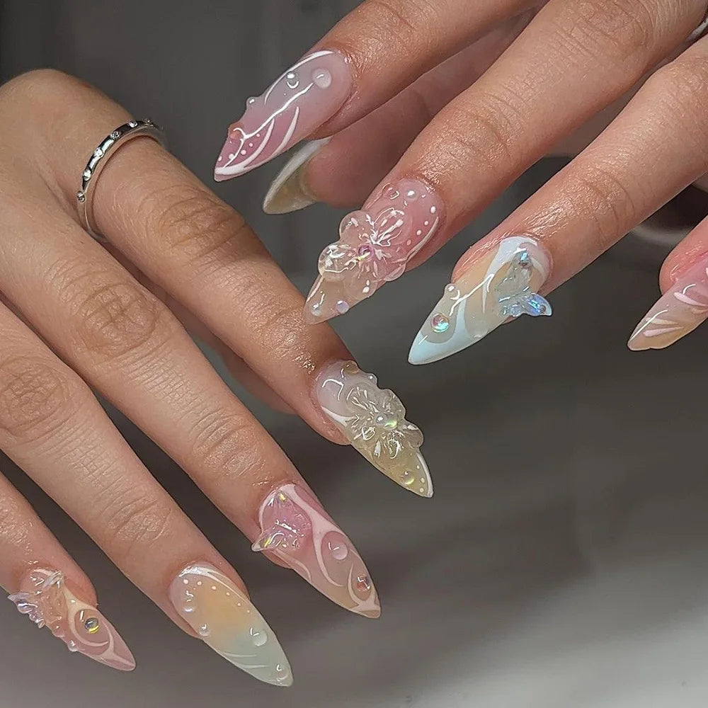 24pcs 3D Pink Flower False Nails Sweet French Almond Fake Nail Patch Full Cover Wearable Hand-painted Butterfly Press on Nails
