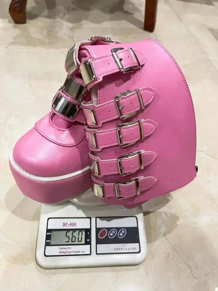 Women Boots Cosplay Ladies High Heel Platform Wedges Women High Boots  Buckle Strap Long Tube Leather Female Boots