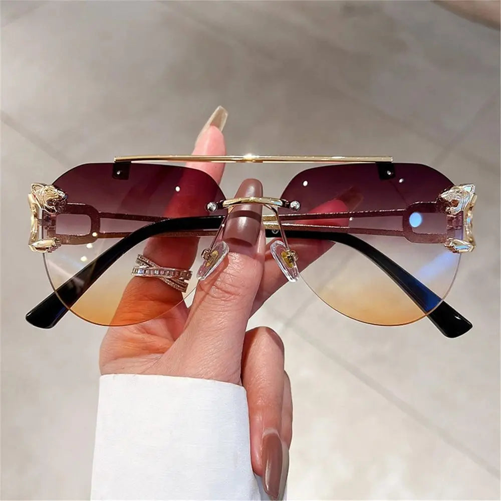 New Rimless Cheetah Decor Sunglasses Gradient UV400 Double Bridge Sun Glasses Shades for Women & Men