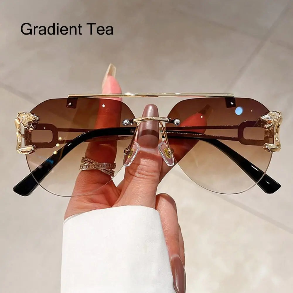 New Rimless Cheetah Decor Sunglasses Gradient UV400 Double Bridge Sun Glasses Shades for Women & Men