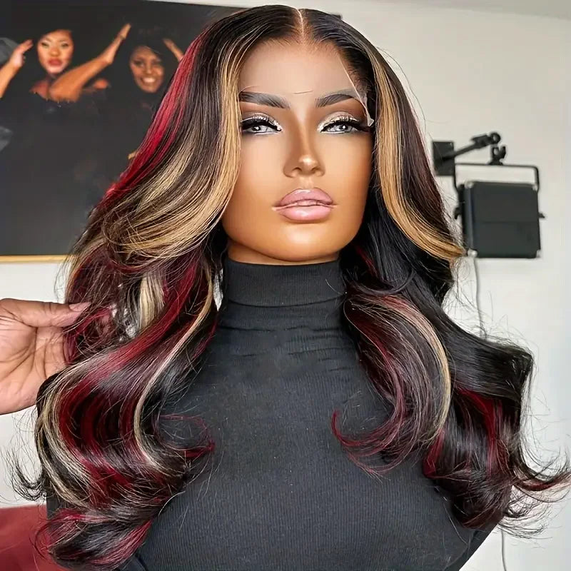 13X6 Lace Front Wig Highlight Black with Red Blonde Wig Synthetic 13x4 Lace Front Wigs Pre Plucked With Hairline Women's Wig