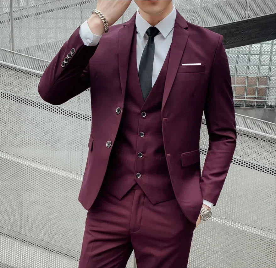 Suit (Blazer+ Vest + Trousers) Men's Fashionable Gentleman Business British Style Solid-color Banquet Host Casual Wedding Suit