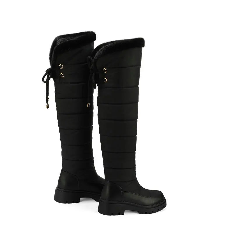 Warm Snow Boots Winter Thick Fleece Lining Women Shoes Waterproof Down Cotton Knee Length Long Boots Lace Up Warm Cotton Shoes