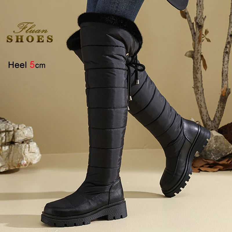 Warm Snow Boots Winter Thick Fleece Lining Women Shoes Waterproof Down Cotton Knee Length Long Boots Lace Up Warm Cotton Shoes